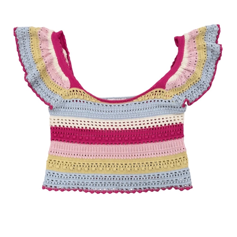 Sincerely Jules Crochet Knit Crop Top Women Small Multicolor Ruffle Boho Striped